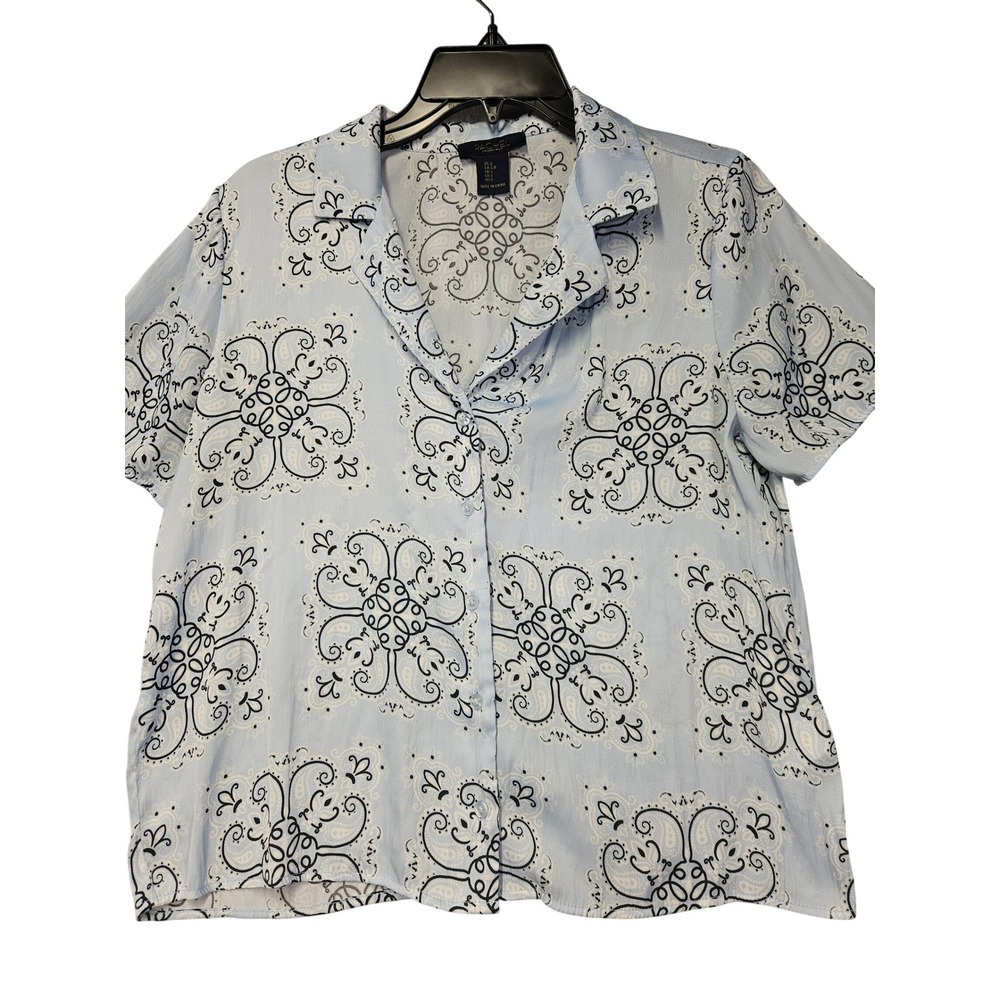 Rachel Rachel Roy Womens Small Blue Paisley Medallion Short Sleeve Blouse Top